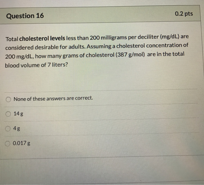 Solved: Question 16 0.2 Pts Total Cholesterol Levels Less ...