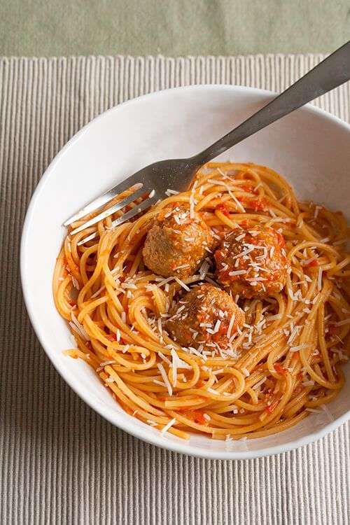 Spaghetti with Chicken Meatballs and Spicy Red Pepper ...